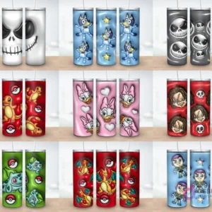 Colección de 9 plantillas de tumblers con diseños 3D inflados de Jack Skellington, Bluey, Daisy Duck, Chucky, Pokémon (Charmander, Bulbasaur, Charizard) y Buzz Lightyear.