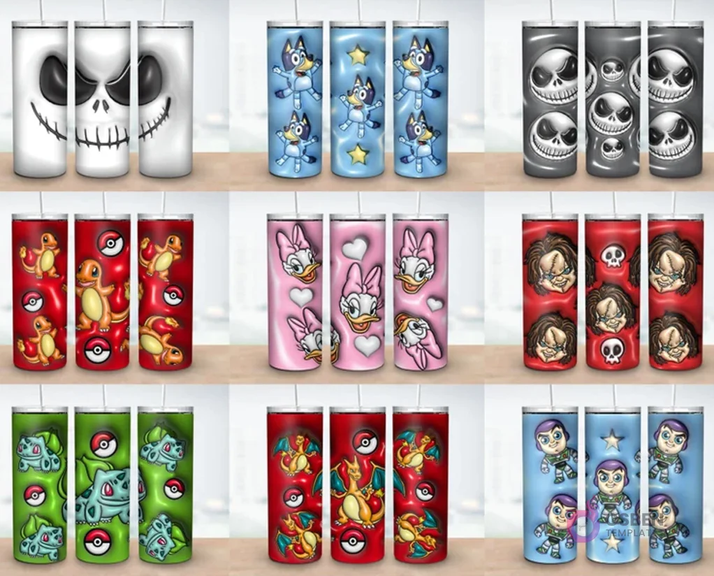 Colección de 9 plantillas de tumblers con diseños 3D inflados de Jack Skellington, Bluey, Daisy Duck, Chucky, Pokémon (Charmander, Bulbasaur, Charizard) y Buzz Lightyear. Colección de 9 plantillas de tumblers con diseños 3D inflados de Jack Skellington, Bluey, Daisy Duck, Chucky, Pokémon (Charmander, Bulbasaur, Charizard) y Buzz Lightyear.