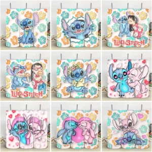 Colección de 9 plantillas de tumblers con diseños 3D inflados de Stitch y Lilo en múltiples poses y fondos tropicales o de corazones.
