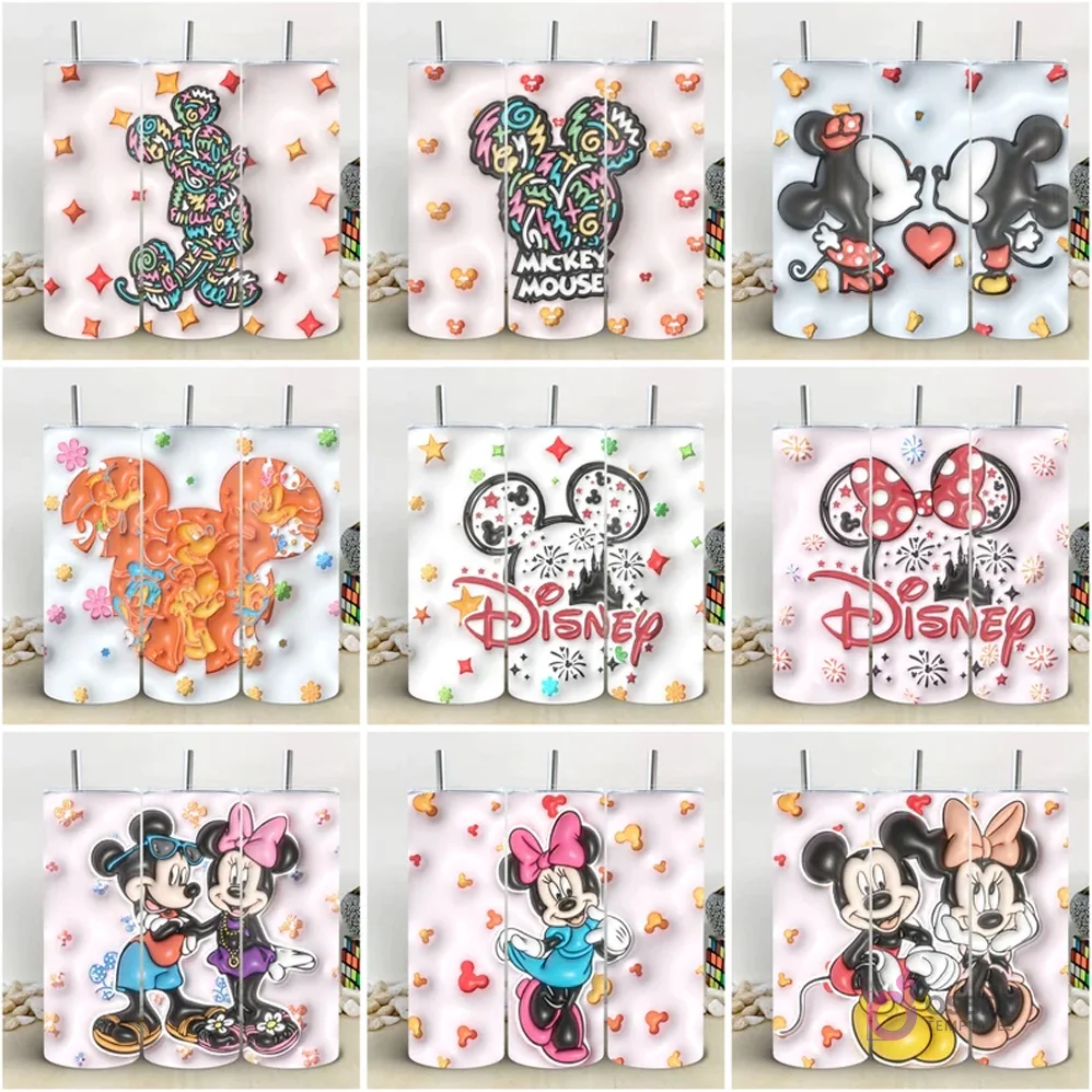 Colección de 9 plantillas de tumblers con diseños 3D inflados de Mickey y Minnie Mouse en estilos abstractos y temáticos de Disney. Colección de 9 plantillas de tumblers con diseños 3D inflados de Mickey y Minnie Mouse en estilos abstractos y temáticos de Disney.