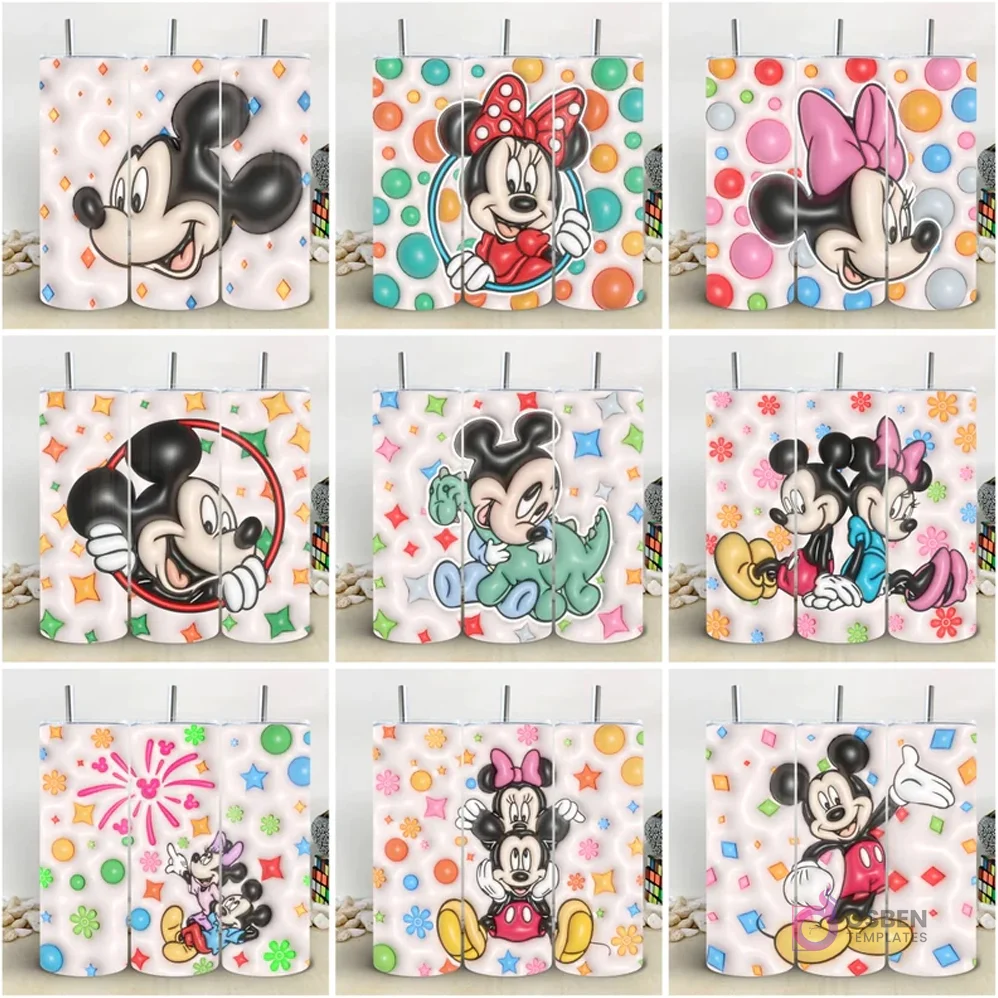 Colección de 9 plantillas de tumblers con diseños 3D inflados de Mickey y Minnie Mouse en diversos estilos y fondos coloridos. Colección de 9 plantillas de tumblers con diseños 3D inflados de Mickey y Minnie Mouse en diversos estilos y fondos coloridos.