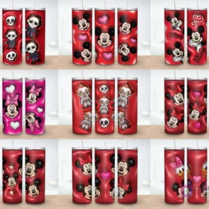 Colección de 9 plantillas de tumblers con diseños 3D inflados de Mickey y Minnie Mouse en diversas poses, incluyendo temáticas de Halloween con personajes de terror.