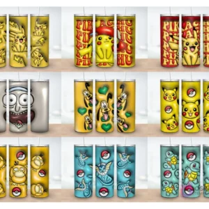 Colección de 9 plantillas de tumblers con diseños 3D inflados de Pokémon (Pikachu, Psyduck, Vaporeon, Squirtle), Rick de Rick and Morty y Pluto de Disney.