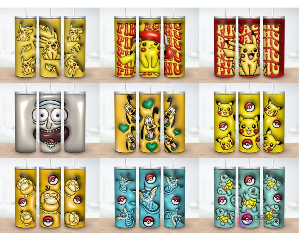 Colección de 9 plantillas de tumblers con diseños 3D inflados de Pokémon (Pikachu, Psyduck, Vaporeon, Squirtle), Rick de Rick and Morty y Pluto de Disney. Colección de 9 plantillas de tumblers con diseños 3D inflados de Pokémon (Pikachu, Psyduck, Vaporeon, Squirtle), Rick de Rick and Morty y Pluto de Disney.
