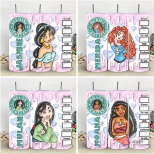 Colección de 4 plantillas de tumblers con diseños 3D inflados de Princesas Disney (Jasmine, Merida, Mulan, Moana) y parodias de menú de café Starbucks.