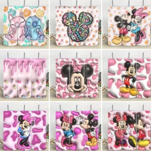 Colección de 9 plantillas de tumblers con diseños 3D inflados de Stitch, Angel, Mickey y Minnie Mouse en diversos fondos como floral, sprinkles y manchas de vaca.
