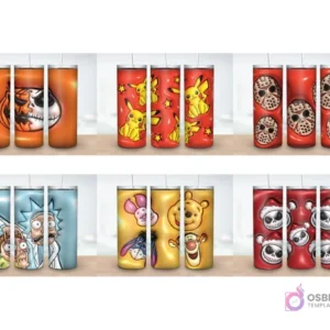Colección de 6 plantillas de tumblers con diseños 3D inflados de Jack Skellington (Halloween y Navidad), Pikachu, Jason Voorhees, Rick and Morty y Winnie Pooh.