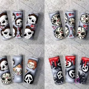 Colección de 4 sets de tumblers con diseños 3D inflados de Michael Myers, Jason Voorhees, Pennywise, Chucky y Ghostface.