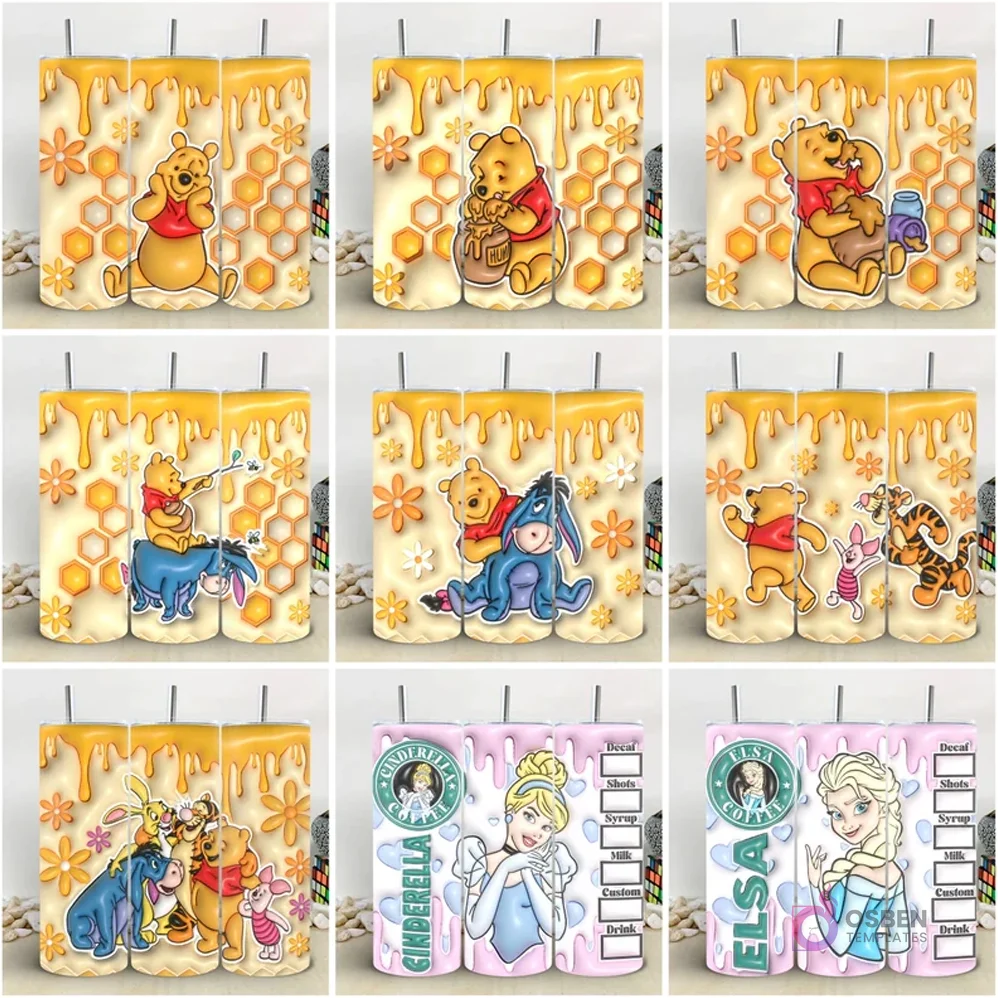 Colección de 9 plantillas de tumblers con diseños 3D inflados de Winnie Pooh y sus amigos (Eeyore, Tigger, Piglet) con fondos de miel, y Princesas Disney (Cenicienta, Elsa) con parodias de Starbucks. Colección de 9 plantillas de tumblers con diseños 3D inflados de Winnie Pooh y sus amigos (Eeyore, Tigger, Piglet) con fondos de miel, y Princesas Disney (Cenicienta, Elsa) con parodias de Starbucks.