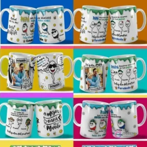 Collage de 8 pares de tazas sublimadas mostrando los 6 diseños diferentes de plantillas PSD para el Día del Padre con mensajes de humor, como 'Salud en tu día', 'PAPA sin tus HUEVOS nada sería posible', 'Feliz día papá' y 'a mejor PAPÁ del mundo', en fondos de colores vivos.
