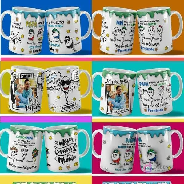 Collage de 8 pares de tazas sublimadas mostrando los 6 diseños diferentes de plantillas PSD para el Día del Padre con mensajes de humor, como 'Salud en tu día', 'PAPA sin tus HUEVOS nada sería posible', 'Feliz día papá' y 'a mejor PAPÁ del mundo', en fondos de colores vivos. Collage de 8 pares de tazas sublimadas mostrando los 6 diseños diferentes de plantillas PSD para el Día del Padre con mensajes de humor, como 'Salud en tu día', 'PAPA sin tus HUEVOS nada sería posible', 'Feliz día papá' y 'a mejor PAPÁ del mundo', en fondos de colores vivos.