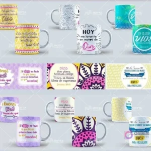 Composición de varias tazas con mensajes de fe y sus respectivas plantillas en vista plana, presentando más opciones de la colección de plantillas cristianas